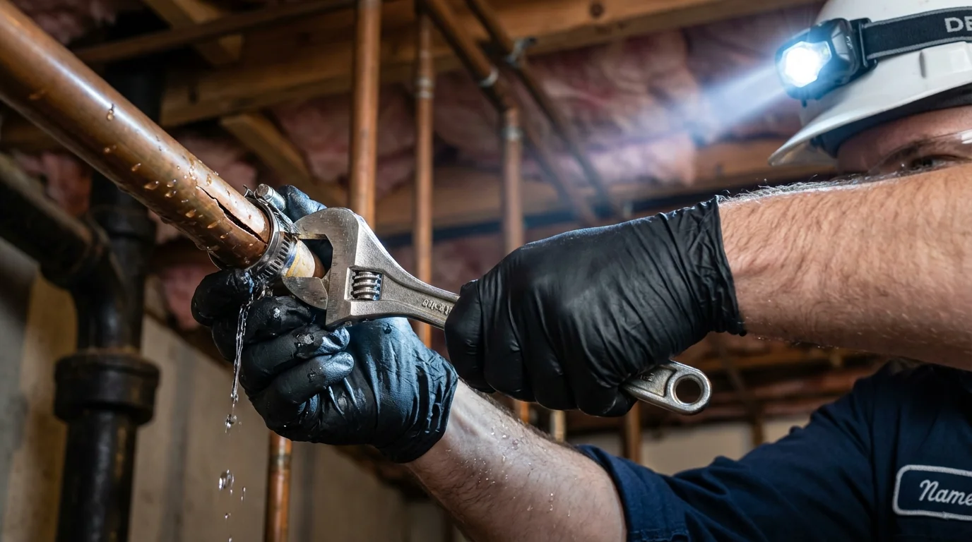 Emergency pipe clamp repair being performed by a Johns Plumbing LLC plumber in Tustin