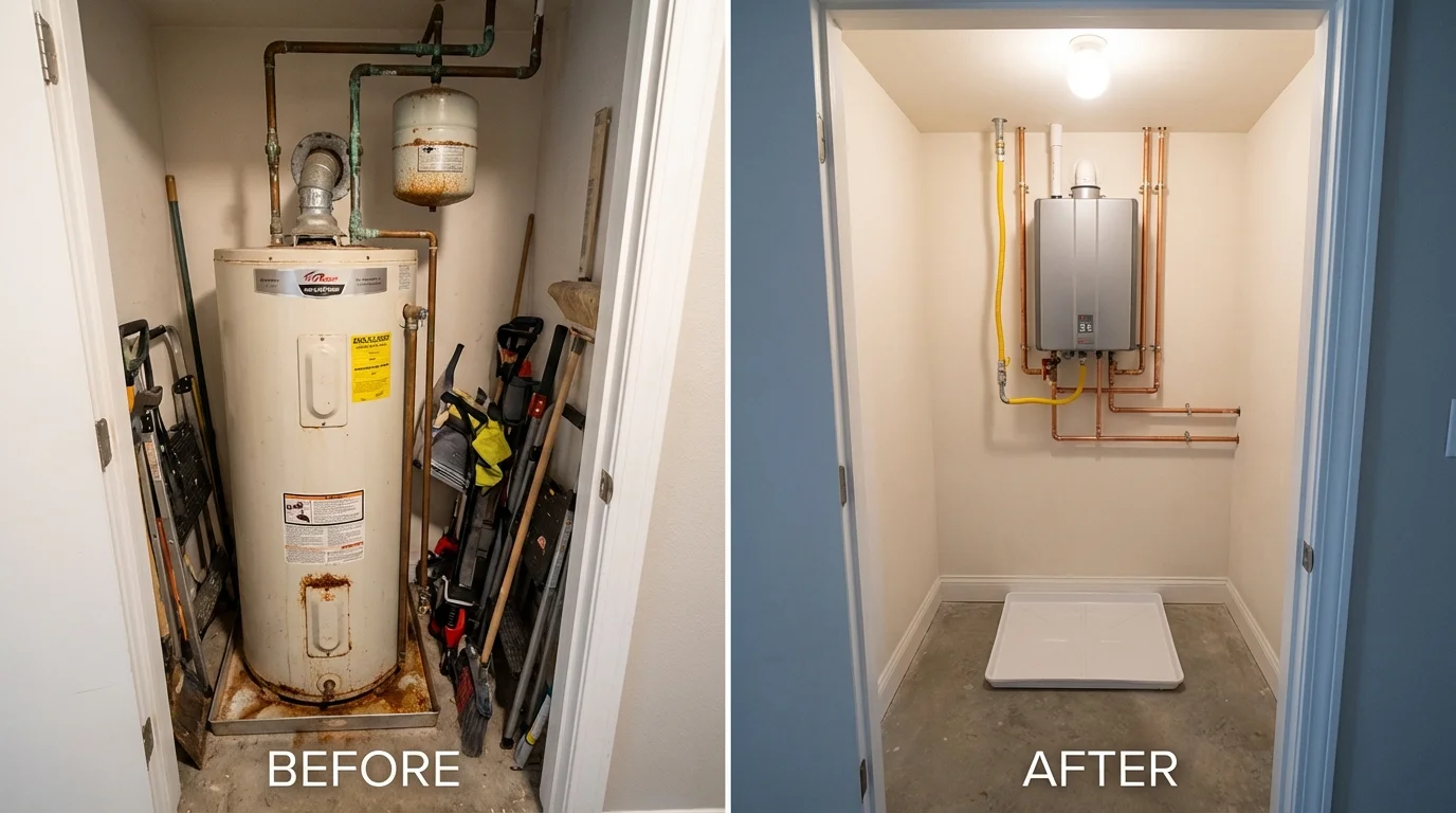Tank water heater versus wall-mounted tankless unit comparison for Tustin, CA homeowners